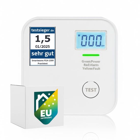 Smartwares CO-Melder - 10-Jahres-Batterie - LED-Bildschirm & Anzeige - Testknopf - FGA-13091