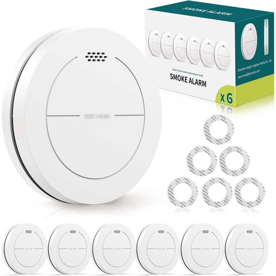 Rauchmelder 6er Set, ohne Blinkende LED, mit 10 Jahre Batterie, mit Klebepads, Mute Funktion, 85 dB Alarmton, Standalone Flacher Brandmelder für den Brandschutz zu Hause.