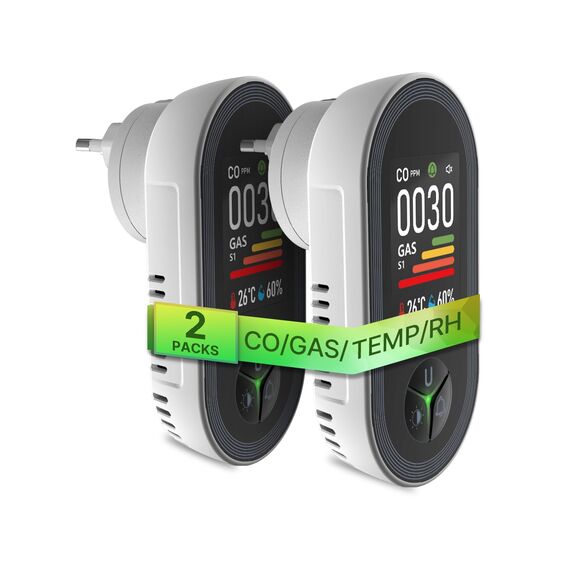 MOES Kohlenmonoxid- und Gasmelder mit Stecker, 4-in-1 CO-Melder mit Temperatur- & Luftfeuchtigkeitssensor, mit akustischem Alarm für LPG, Propan, Methan, Ethan & CO – für Haus & Wohnmobil geeignet