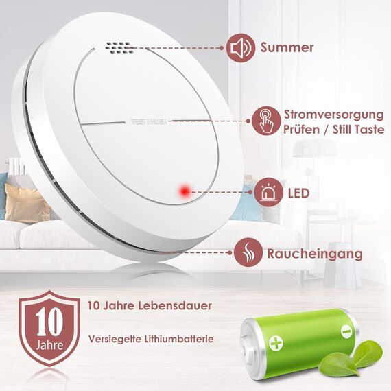 Safeliveo Rauchmelder ohne Blinkende LED, mit 10 Jahre Batterie, mit Klebepads，Mute Funktion, 85 dB Alarmton, Standalone Flacher Brandmelder für den Brandschutz zu Hause 3 Stück.
