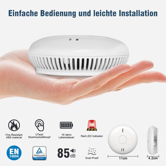 DAYTECH Rauchmelder 10 Jahre Batterie mit Magnethalterung – 1 Stück TÜV-zertifizierte Rauchwarnmelder mit 85 dB Alarm & Test/Stummschaltknopf – Für Schlafzimmer, Küche, Kinderzimmer(Weiß-1er)