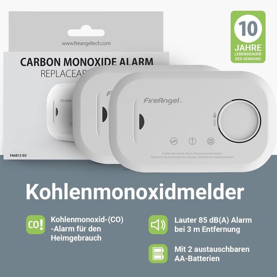 FireAngel Kohlenmonoxid-Alarm – FA6813 CO-Alarm für Zuhause mit Batterien – Reisen, tragbarer Kohlenmonoxid– CO-Monitor mit Testtaste
