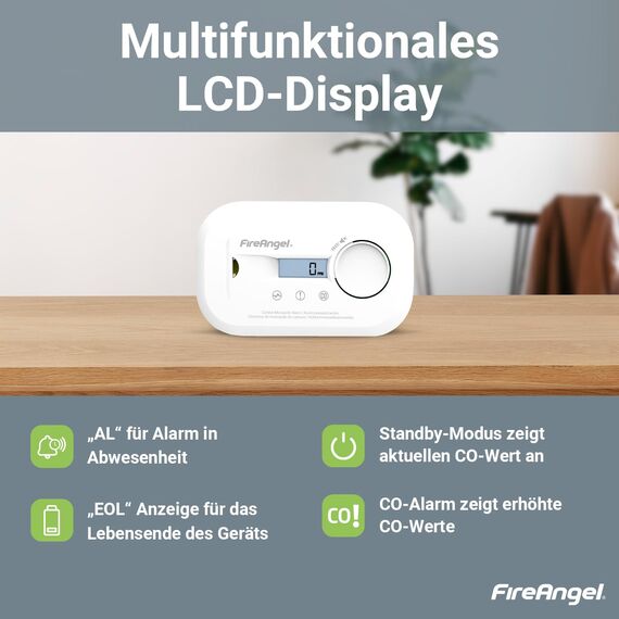 FireAngel FA6812 Kohlenmonoxid Melder, Tragbarer CO Melder mit LCD Anzeige – Mit 10-Jahres-Sensor - Für Zuhause, Reisen & Wohnwagen