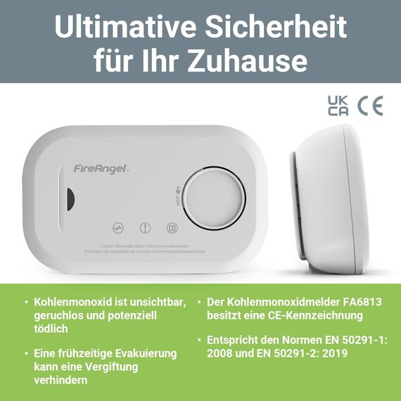 FireAngel Kohlenmonoxidmelder und -Detektor - FA6813 CO-Melder mit 10-Jahres-Sensor - CO-Warner für den Haushalt mit AA-Batterien - Tragbarer Kohlenmonoxid-Detektor für Unterwegs mit Testtaste