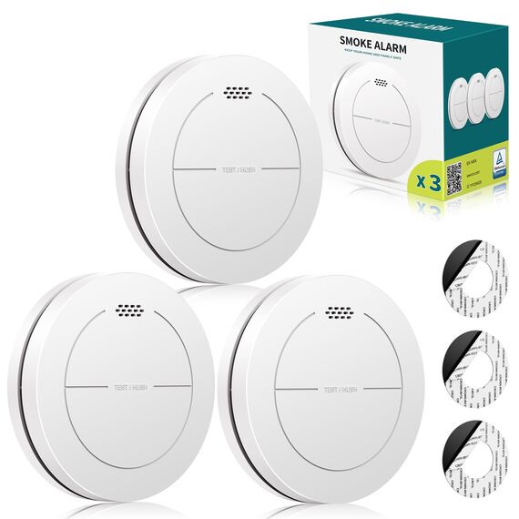 Safeliveo Rauchmelder ohne Blinkende LED, mit 10 Jahre Batterie, mit Klebepads，Mute Funktion, 85 dB Alarmton, Standalone Flacher Brandmelder für den Brandschutz zu Hause 3 Stück.