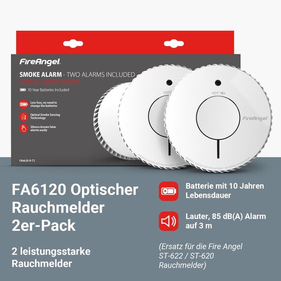 FireAngel Optischer Rauchmelder 2er-Pack- FA6120-INT-T2 Rauchmelder mit 10 Jahre Batterie für Ihr Heim mit Test-/Stummschaltungstaste - Ersatz für ST-622/ST-620 - Feuermelder mit Frühwarnsystem - Weiß