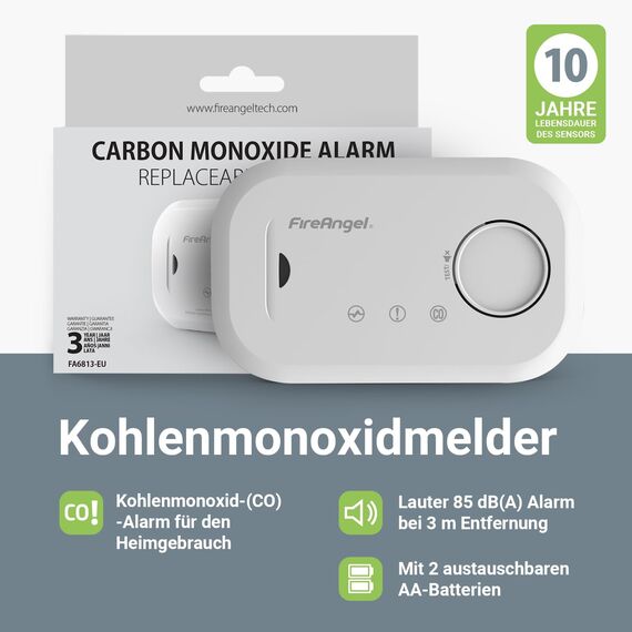 FireAngel Kohlenmonoxidmelder und -Detektor - FA6813 CO-Melder mit 10-Jahres-Sensor - CO-Warner für den Haushalt mit AA-Batterien - Tragbarer Kohlenmonoxid-Detektor für Unterwegs mit Testtaste