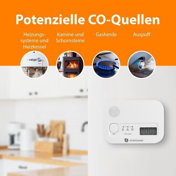 Smartwares Kohlenmonoxid melders, 10 Jahre Sensor, 1.5 Testsieger Wertung, mit Display und Testknopf - FGA-13042