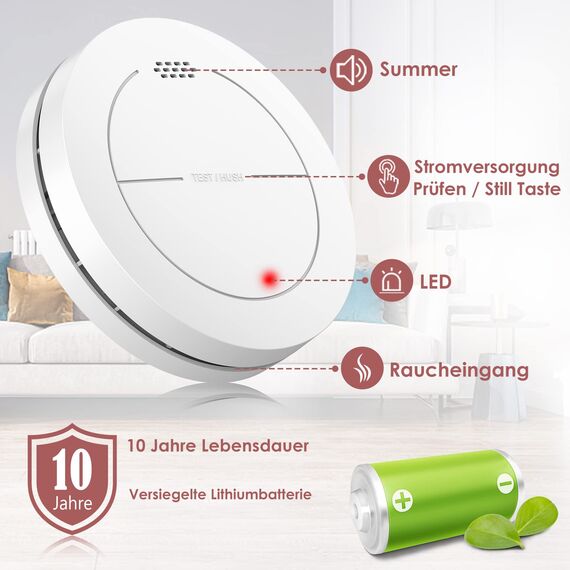 Rauchmelder 6er Set, ohne Blinkende LED, mit 10 Jahre Batterie, mit Klebepads, Mute Funktion, 85 dB Alarmton, Standalone Flacher Brandmelder für den Brandschutz zu Hause.