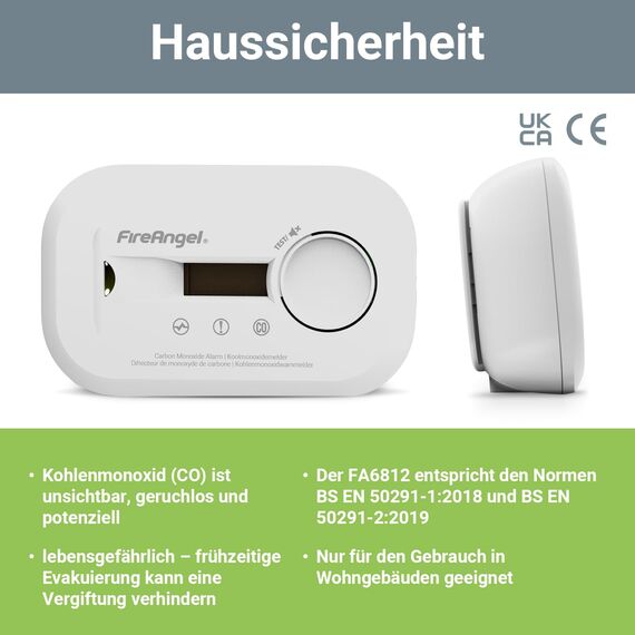FireAngel FA6812 Kohlenmonoxid Melder, Tragbarer CO Melder mit LCD Anzeige – Mit 10-Jahres-Sensor - Für Zuhause, Reisen & Wohnwagen