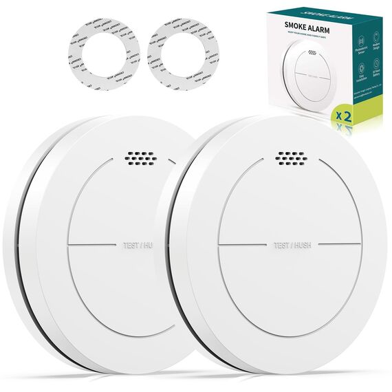 Safeliveo Rauchmelder ohne Blinkende LED, mit 10 Jahre Batterie, Mute Funktion, 85 dB Photoelektrischer Rauchmelder mit Klebepads, Standalone Flacher Brandmelder für den Brandschutz zu Hause (2 Stück)