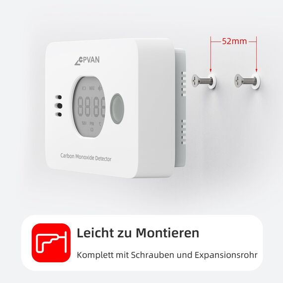 CPVAN Kohlenmonoxid Melder, 10 Jahre CO Warnmelder 3 in 1 mit Austauschbarer Batterie,CO-Detektor mit Temperatur & Luftfeuchtigkeit,Europäische Norm EN50291