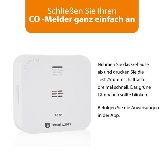 Smartwares Co-Detektor – 85 dB – Sensor 10 Jahre – Benachrichtigungen über App – Testknopf & Stummknopf – FGA-13800, Batteriebetrieben, Weiß