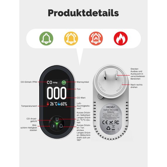 MOES Kohlenmonoxid-Melder mit Stecker, 3-in-1 CO-Melder mit Temperatur- & Luftfeuchtigkeitssensor, mit akustischem Alarm für CO – geeignet für Haus & Wohnmobil 2 Stück