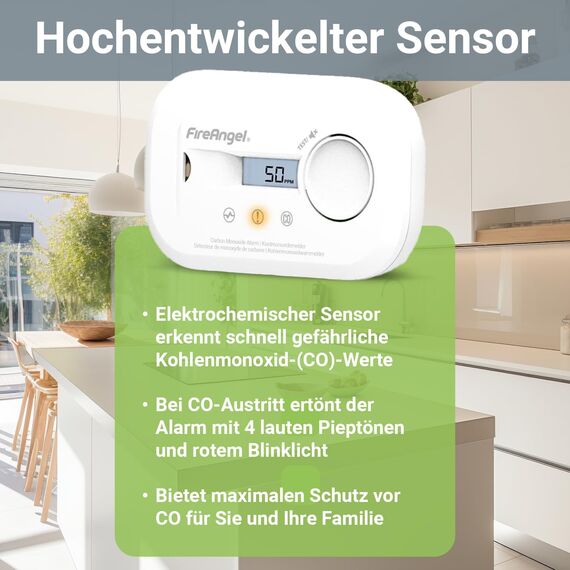 FireAngel FA6812 Kohlenmonoxid Melder, Tragbarer CO Melder mit LCD Anzeige – Mit 10-Jahres-Sensor - Für Zuhause, Reisen & Wohnwagen