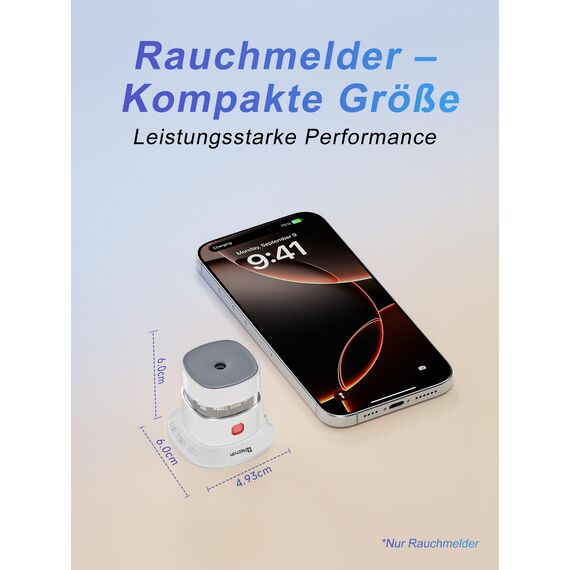 Heiman Mini Rauchmelder – 10 Jahre Batterielaufzeit, EN 14604, DBI Zertifiziert, 85 dB Alarm, Red Dot Design Award, Feuermelder, Rauchwarnmelder mit fotoelektrischem Sensor, 1 Stück