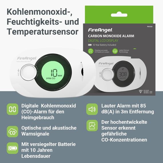Fire Angel Digitaler Kohlenmonoxidmelder mit Integrierter 10 Jahres Batterie - FA3322 Luftfeuchtigkeits-, Temperatur- und CO-Melder - Tragbar, für Zuhause und Unterwegs - CO Warner