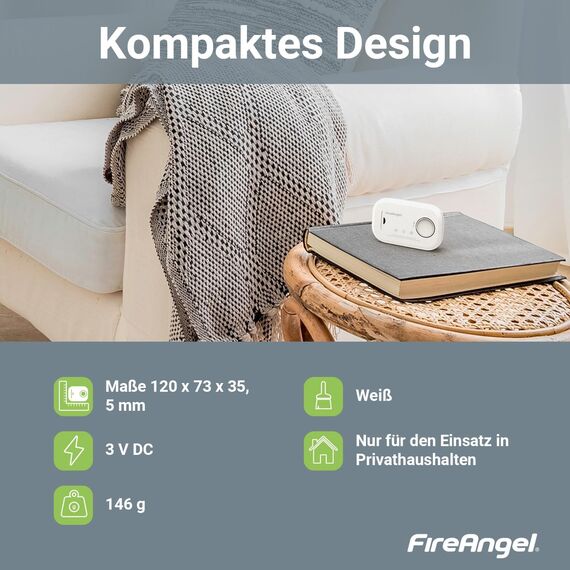 FireAngel Kohlenmonoxid-Alarm – FA6813 CO-Alarm für Zuhause mit Batterien – Reisen, tragbarer Kohlenmonoxid– CO-Monitor mit Testtaste