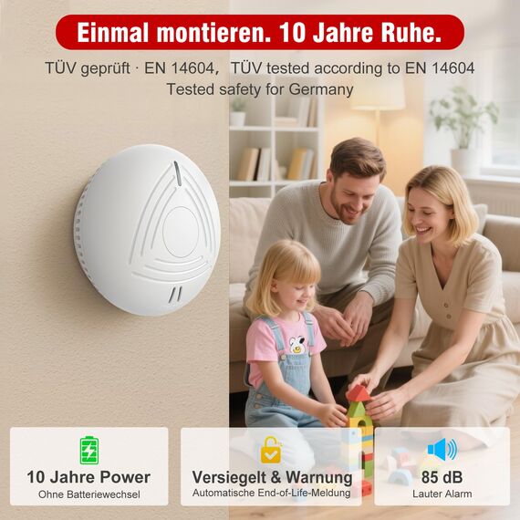 DAYTECH Rauchmelder 10 Jahre Batterie – 2er Rauchmelder mit Magnethalterung Set, TÜV Rheinland Zertifiziert, Rauchwarnmelder & Feuermelder mit 85 dB Alarm & Test/Stummschaltung