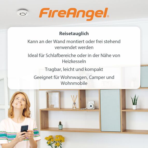 FireAngel FA6812 Kohlenmonoxid Melder, Tragbarer CO Melder mit LCD Anzeige – Mit 10-Jahres-Sensor - Für Zuhause, Reisen & Wohnwagen