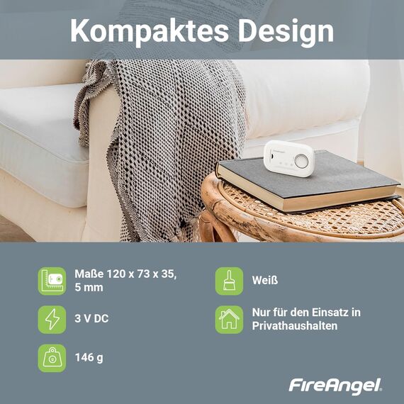 FireAngel Kohlenmonoxidmelder und -Detektor - FA6813 CO-Melder mit 10-Jahres-Sensor - CO-Warner für den Haushalt mit AA-Batterien - Tragbarer Kohlenmonoxid-Detektor für Unterwegs mit Testtaste