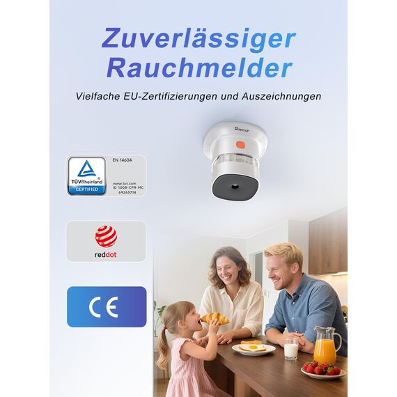 Heiman Mini Rauchmelder – 10 Jahre Batterielaufzeit, EN 14604, DBI Zertifiziert, 85 dB Alarm, Red Dot Design Award, Feuermelder, Rauchwarnmelder mit fotoelektrischem Sensor, 1 Stück