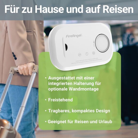 FireAngel Kohlenmonoxid-Alarm – FA6813 CO-Alarm für Zuhause mit Batterien – Reisen, tragbarer Kohlenmonoxid– CO-Monitor mit Testtaste