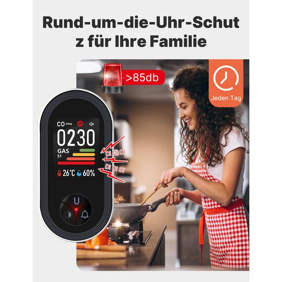 MOES Kohlenmonoxid- und Gasmelder mit Stecker, 4-in-1 CO-Melder mit Temperatur- & Luftfeuchtigkeitssensor, mit akustischem Alarm für LPG, Propan, Methan, Ethan & CO – für Haus & Wohnmobil geeignet