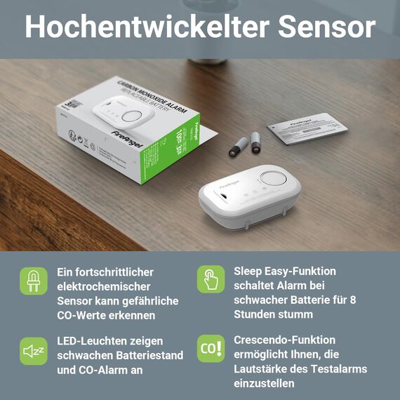 FireAngel Kohlenmonoxidmelder und -Detektor - FA6813 CO-Melder mit 10-Jahres-Sensor - CO-Warner für den Haushalt mit AA-Batterien - Tragbarer Kohlenmonoxid-Detektor für Unterwegs mit Testtaste