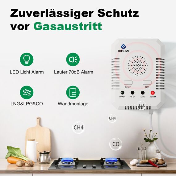 2 in 1 Gasleckmelder, Kohlenmonoxid Melder und Erdgasdetektor, CO Melder & Erdgas Methan-Propan-Butan-Brenngas-Alarm für Küche, Tankstelle, Garage,Wohnmobil