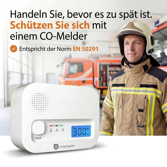 Smartwares Kohlenmonoxid melder, 10 Jahre Sensor, 1.5 Testsieger Wertung, mit Display und Testknopf - FGA-13041