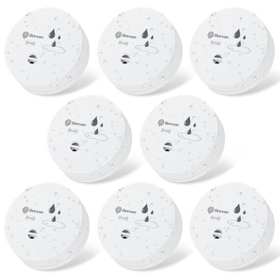 Geevon Wassermelder Wasseralarm8 Stück, 100dB Wasserwarner, Wassersensor Alarm, Batteriebetrieben für Keller, Badezimmer, Waschküche, Küchen, Garagen und Dachböden (Lieferung mit Batterie)