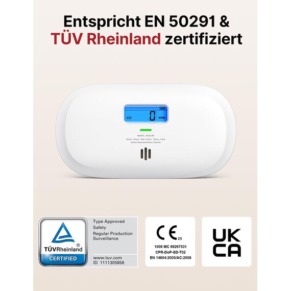 X-Sense Kohlenmonoxid Melder, TÜV Rheinland Zertifiziert, 10 Jahre Sensor, CO Melder mit austauschbarer Batterie und digitalem Display, Kohlenmonoxid-Melder mit Testknopf, XC0C-SR