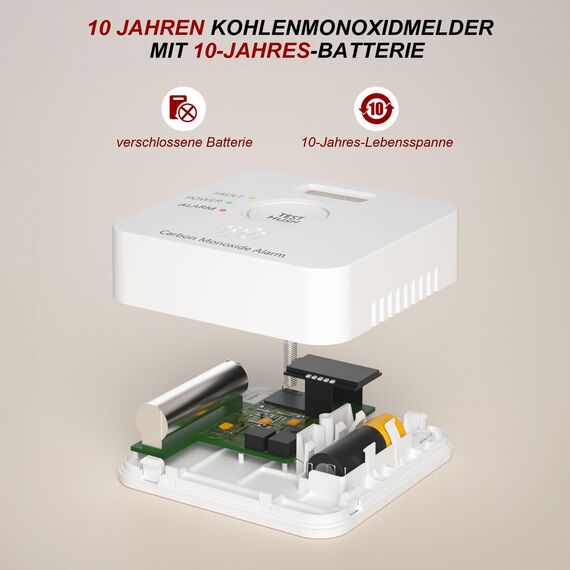 Kohlenmonoxid Melder, 10-Jahres-Batterie CO melder mit LCD-Display und Silent-Test-Taste, EN50291 konform, Kohlenmonoxid-Warner (TCS0202A)