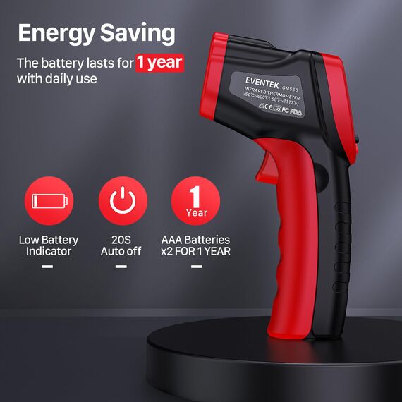 Eventek Infrarot Thermometer, -50°C bis 600°C Digitales Pyrometer mit Laser & LCD – Berührungsloses Messgerät für Pizzaofen, Grill, Kochen & Industrie, Einstellbarer Emissionsgrad (Nicht für Menschen)
