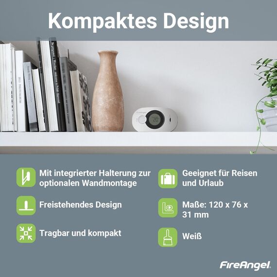 Fire Angel Digitaler Kohlenmonoxidmelder mit Integrierter 10 Jahres Batterie - FA3322 Luftfeuchtigkeits-, Temperatur- und CO-Melder - Tragbar, für Zuhause und Unterwegs - CO Warner