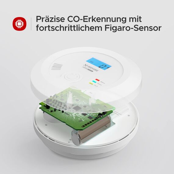 X-Sense CO Melder mit Austauschbarer Batterie und LCD Display inkl. CO-Konzentration, Kohlenmonoxidmelder mit Prüftaste und LED-Statusleuchte, bis 60 m, CO03B