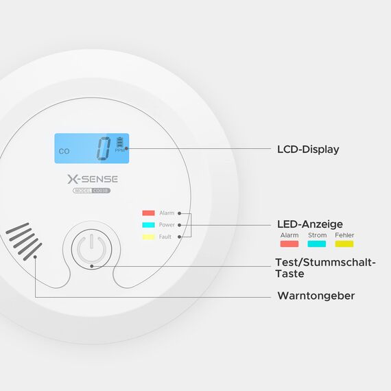X-Sense CO Melder mit Austauschbarer Batterie und LCD Display inkl. CO-Konzentration, Kohlenmonoxidmelder mit Prüftaste und LED-Statusleuchte, bis 60 m, CO03B