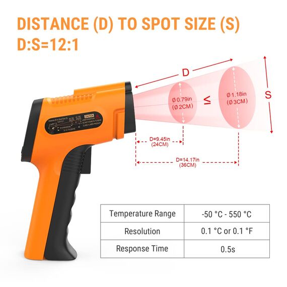 ThermoPro TP30 Infrarot Thermometer Digital Laser Temperaturmessgerät -50°C ~ 550°C Emissionsgrad einstellbar MAX/MIN/AVG-Messwerte (NICHT für Mensch) Ideal für Klimaanlage, Automotor, Bodenheizung