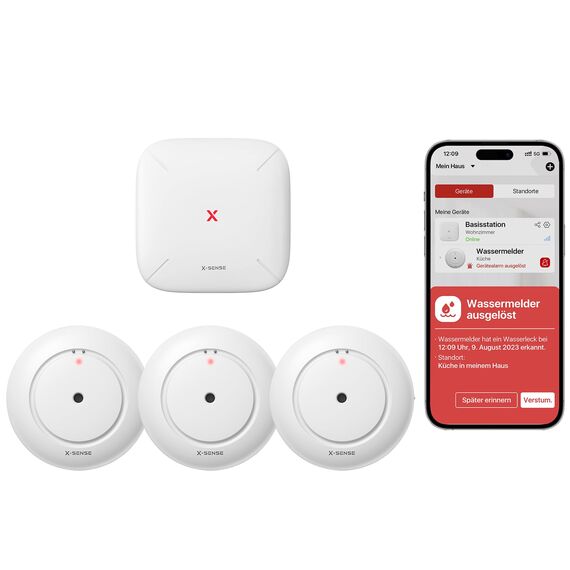 X-Sense Smart Wassermelder mit Batterie, WLAN Wassersensor, kompakter Überschwemmungssensor mit Einstellbarer Lautstärke von bis zu 110 dB sowie 500 m Reichweite, für Küchen, Keller und Badezimmer