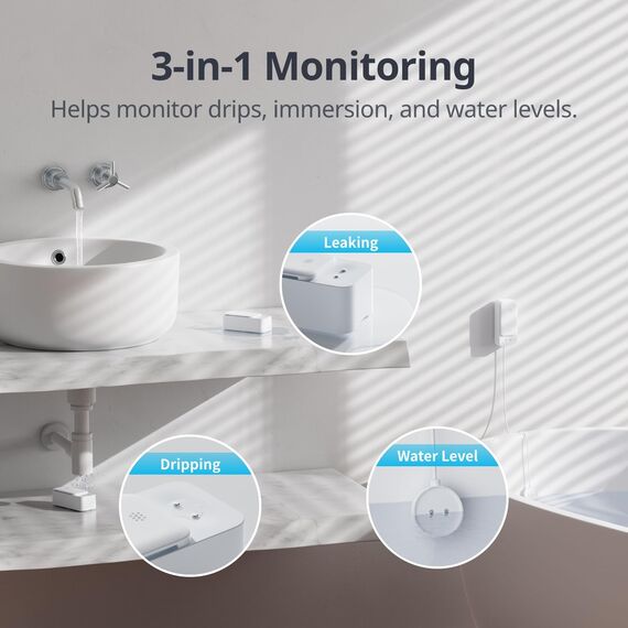 SwitchBot WLAN Wassermelder kein Hub erforderlich(nur 2.4G), Smart Wassersensor 100dB Einstellbarer Alarm & App-Benachrichtigung, IP67 wasserdicht, Wasserleck-Detektor für Zuhause mit 1m Sensorkabel