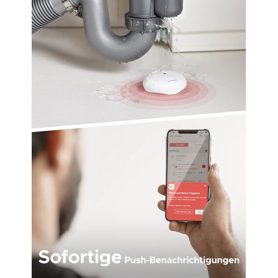 X-Sense Smart Wassermelder mit Batterie, WLAN Wassersensor, kompakter Überschwemmungssensor mit Einstellbarer Lautstärke von bis zu 110 dB sowie 500 m Reichweite, für Küchen, Keller und Badezimmer