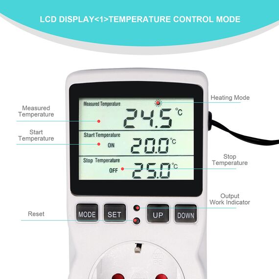 RUIZHI Digitaler Temperaturregler Steckdosen Heizung Kühlen Thermostat 250V mit Fühler Steckdose und Sonde LCD Bildschirm für Gewächshaus,Aquarium,Terrarium,Reptilien （EU