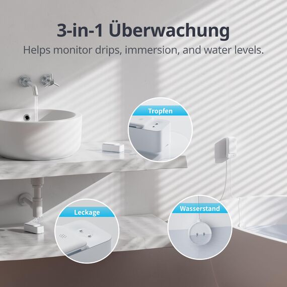 SwitchBot WLAN Wassermelder, Smart Wassersensor, 100dB einstellbarer Alarm & App-Benachrichtigung, IP67 wasserdicht, Wasserleck-Detektor für Zuhause mit 1m Sensorkabel, kein Hub erforderlich(nur 2.4G)