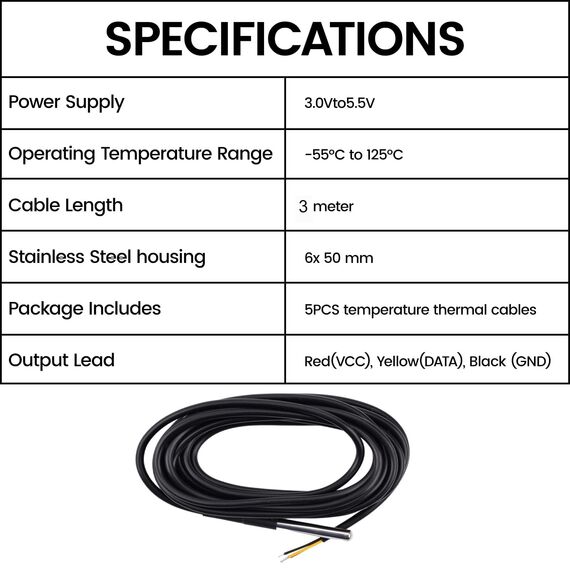 Aideepen 5 Stuck Temperatursensor, 3m Kabel Wasserdicht Temperaturfühler digitaler Edelstahl Temperatursensor kompatibel mit Arduino und Raspberry Pi inklusive E-Book, kompatibel mit Shelly