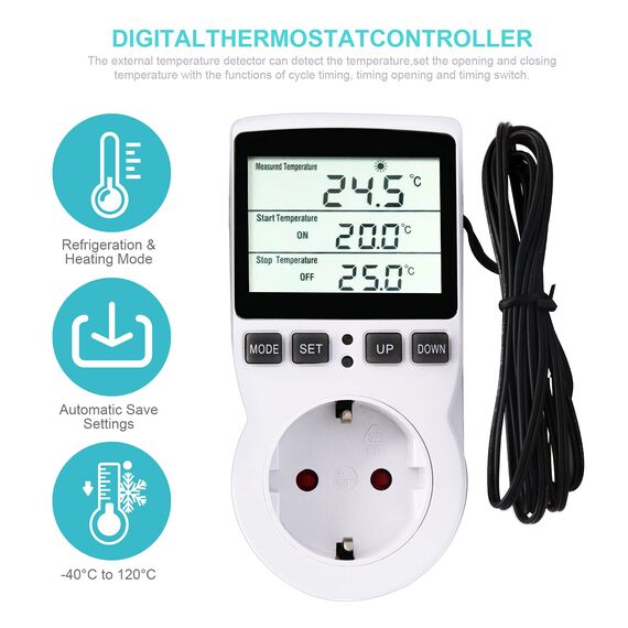 RUIZHI Digitaler Temperaturregler Steckdosen Heizung Kühlen Thermostat 250V mit Fühler Steckdose und Sonde LCD Bildschirm für Gewächshaus,Aquarium,Terrarium,Reptilien （EU