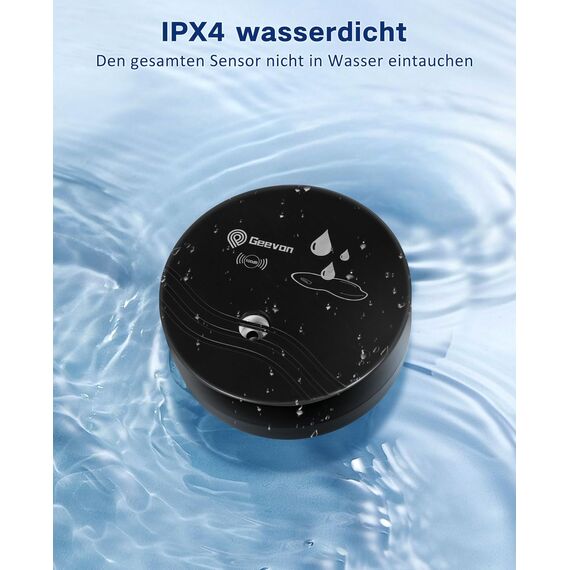 Geevon Wassermelder, 100dB Wassersensor Alarm Flut-Detektor für Keller, Badezimmer, Waschküche, Küchen, Garagen und Dachböden, Wasseralarm (Batterie enthalten) (Schwarz 2 Packungen)