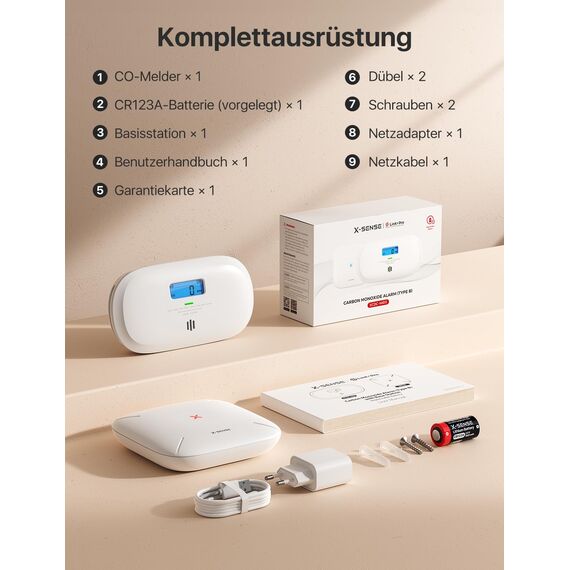 X-Sense Smart Kohlenmonoxid Melder, TÜV Rheinland Zertifiziert, mit Digitalanzeige, austauschbarer Batterie, App-Steuerung, mit Basisstation SBS50, XC0C-MR11, 1 Stück