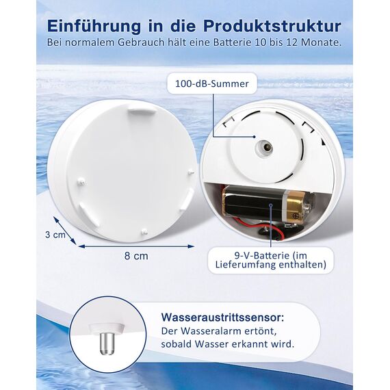 Geevon Wassermelder Wasseralarm2 Stück, 100dB Wasserwarner, Wassersensor Alarm, Batteriebetrieben für Keller, Badezimmer, Waschküche, Küchen, Garagen und Dachböden (Lieferung mit Batterie)