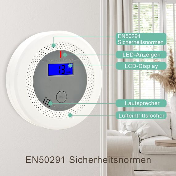 Kohlenmonoxidmelder mit 10-Jahres-Lithiumbatterie, Sprachalarm & LED-Display – CO-Warnmelder EN50291 Zertifiziert, für Haus, Wohnung, Wohnmobil（1 Stück）